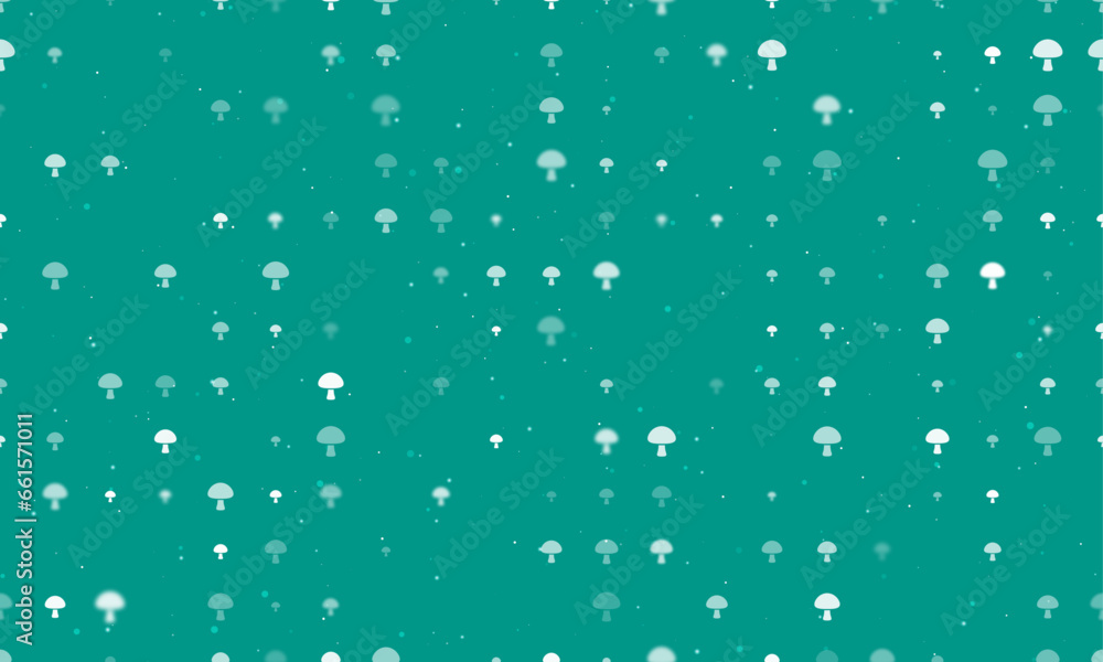 Poster seamless background pattern of evenly spaced white mushroom symbols of different sizes and opacity. 
