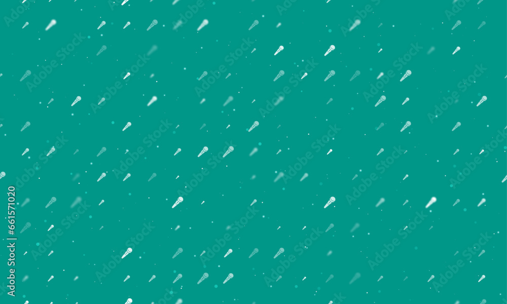 Poster seamless background pattern of evenly spaced white microphone symbols of different sizes and opacity