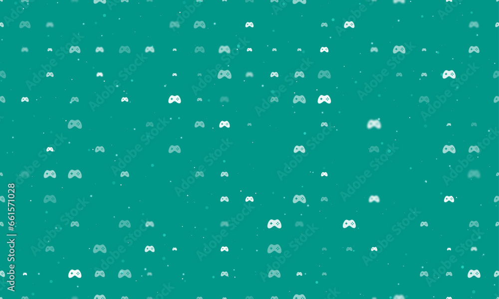 Poster seamless background pattern of evenly spaced white joystick symbols of different sizes and opacity. 