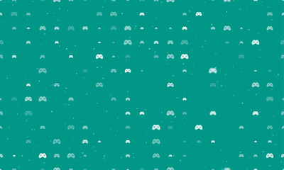 Seamless background pattern of evenly spaced white joystick symbols of different sizes and opacity. Vector illustration on teal background with stars