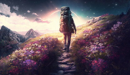 Hiker with a heavy backpack walking up the mountain slope through the beautiful landscape with blooming flowers, in glowing light