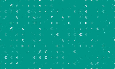 Seamless background pattern of evenly spaced white euro symbols of different sizes and opacity. Vector illustration on teal background with stars