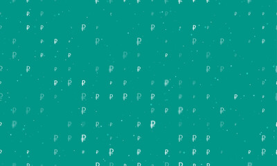 Seamless background pattern of evenly spaced white ruble symbols of different sizes and opacity. Vector illustration on teal background with stars