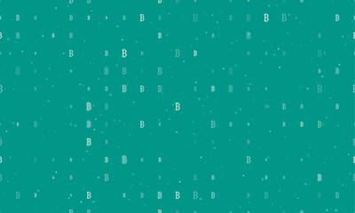 Seamless background pattern of evenly spaced white bitcoin symbols of different sizes and opacity. Vector illustration on teal background with stars