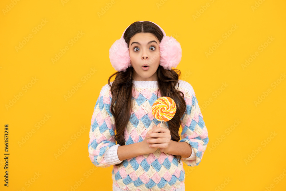 Sticker Teenager girl with caramel candies on sticks, sweet sugar addiction. Child with lollipops. Surprised emotions of young teenager girl.