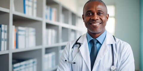 Male African American medic in white coat with positive smile. Middle aged man keeping arms crossed on chest. Photo on hospital background. Picture with copy space. - Powered by Adobe