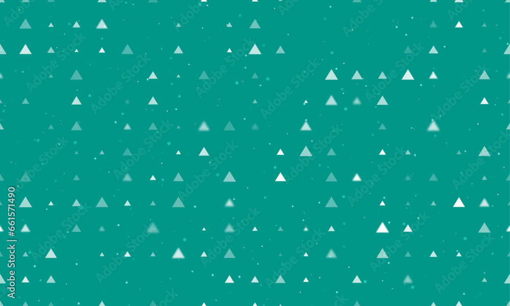 Poster seamless background pattern of evenly spaced white triangle symbols of different sizes and opacity. 