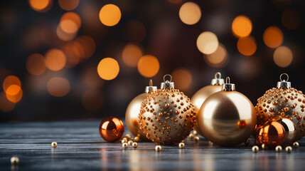 Elegant Christmas decorations on a dark background illuminated by many bokeh effect lights, Christmas holiday theme