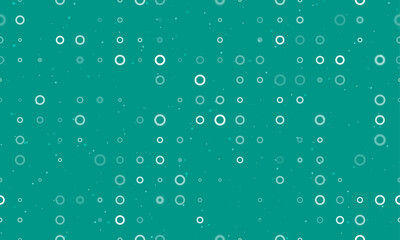 Seamless background pattern of evenly spaced white circle symbols of different sizes and opacity. Vector illustration on teal background with stars