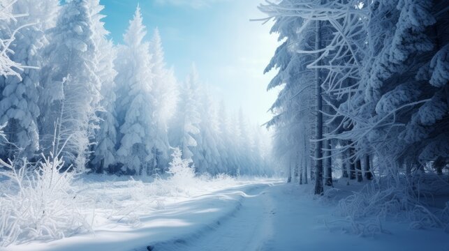 Photo of a beautiful winter landscape with snow-covered road and towering trees