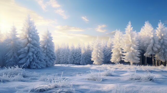 Photo of snow-covered trees in a serene winter landscape