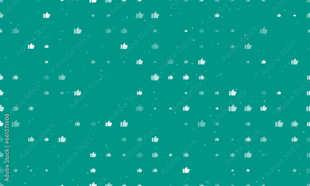 Poster seamless background pattern of evenly spaced white thumb up symbols of different sizes and opacity. 