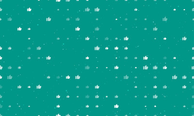 Seamless background pattern of evenly spaced white thumb up symbols of different sizes and opacity. Vector illustration on teal background with stars