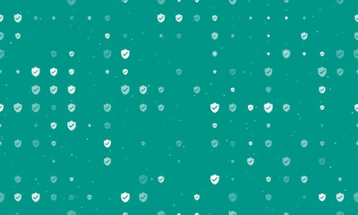 Seamless background pattern of evenly spaced white protection mark symbols of different sizes and opacity. Vector illustration on teal background with stars