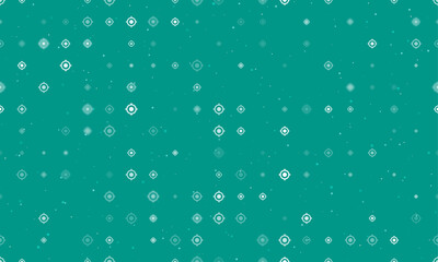 Seamless background pattern of evenly spaced white crosshair symbols of different sizes and opacity. Vector illustration on teal background with stars