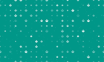 Seamless background pattern of evenly spaced white water lily symbols of different sizes and opacity. Vector illustration on teal background with stars