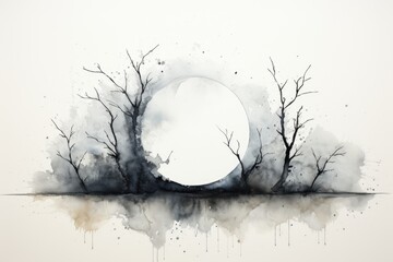 A black and white painting of a full moon. Imaginary illustration.