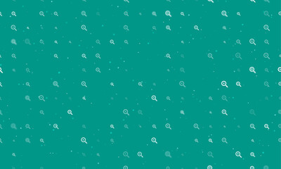 Seamless background pattern of evenly spaced white zoom in symbols of different sizes and opacity. Vector illustration on teal background with stars