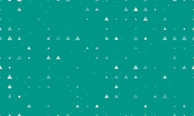 Seamless background pattern of evenly spaced white warning symbols of different sizes and opacity. Vector illustration on teal background with stars