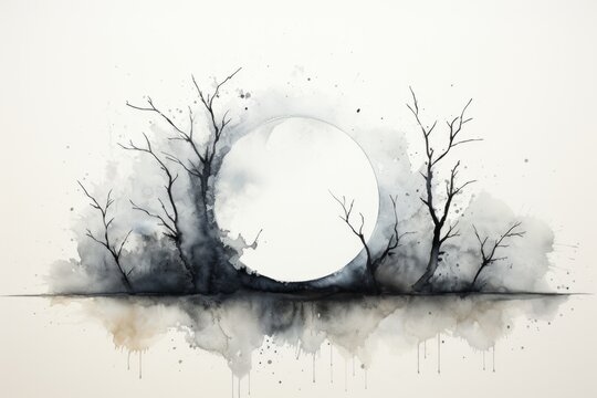 A black and white painting of a full moon. Imaginary illustration. © Friedbert