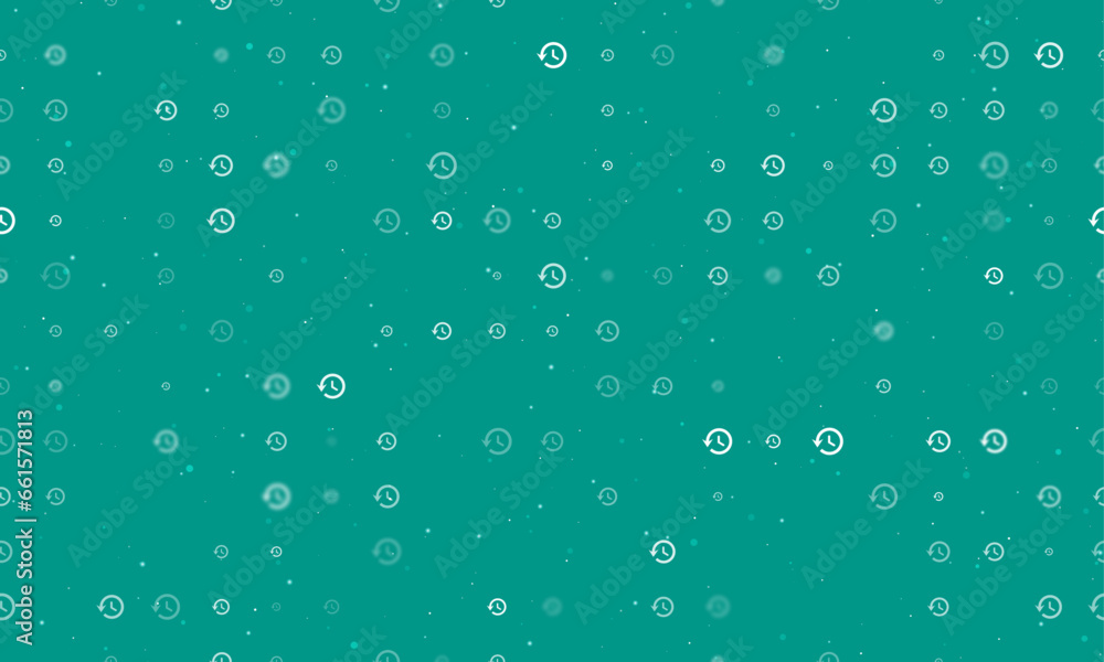 Poster seamless background pattern of evenly spaced white time back symbols of different sizes and opacity.