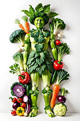 person made from vegetables on white background, vegetarian concept