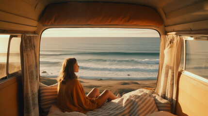 a woman sitting in an open van looking at the ocean.