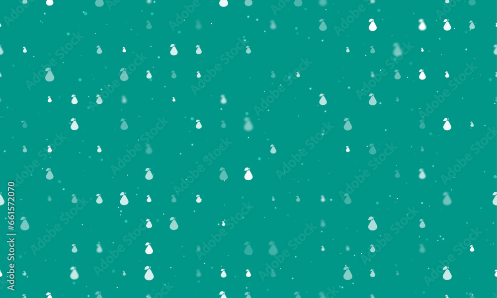 Poster seamless background pattern of evenly spaced white pear symbols of different sizes and opacity. vect