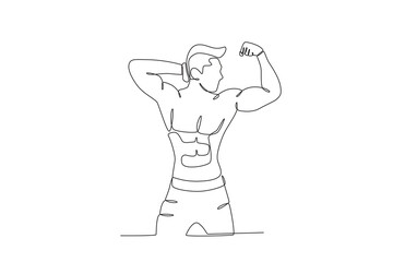 A man showing his arm muscles. Bodybuilding one-line drawing