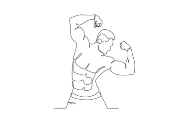 An athlete shows his biceps. Bodybuilding one-line drawing