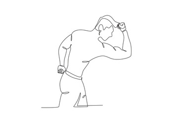 A man showing his strength. Bodybuilding one-line drawing