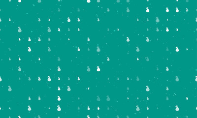 Seamless background pattern of evenly spaced white pear symbols of different sizes and opacity. Vector illustration on teal background with stars