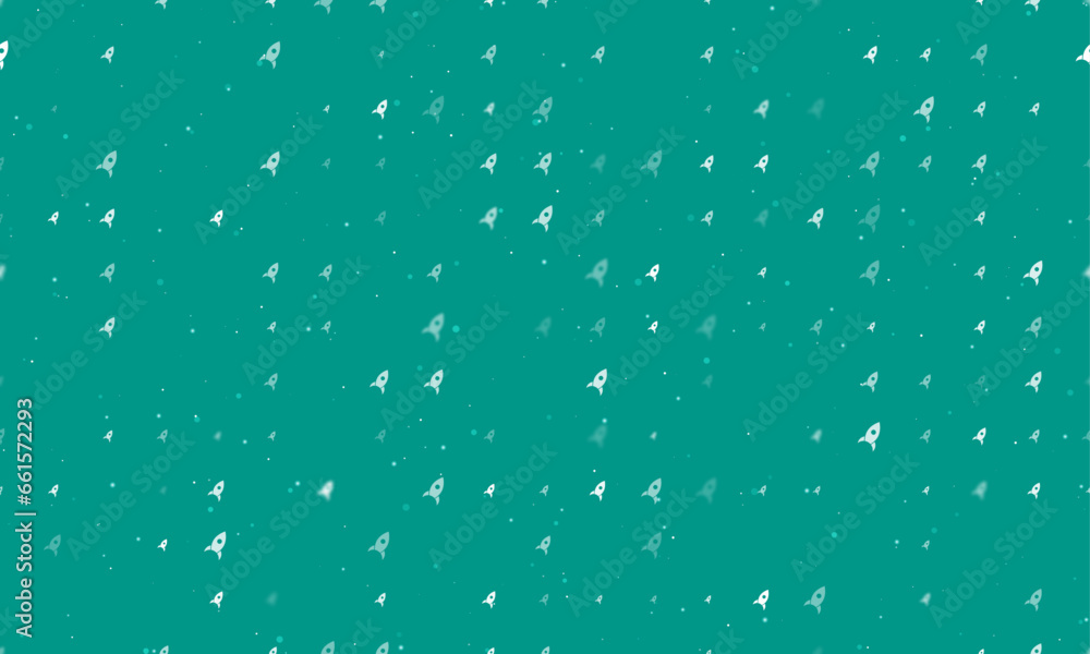 Poster seamless background pattern of evenly spaced white rocket symbols of different sizes and opacity. ve