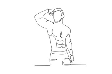 Fototapeta na wymiar A man raises his hand showing his biceps. Bodybuilding one-line drawing