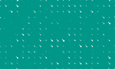 Seamless background pattern of evenly spaced white chicken's leg symbols of different sizes and opacity. Vector illustration on teal background with stars