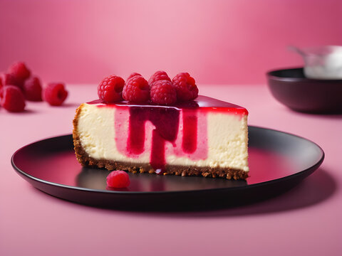 a slice of raspberry cheesecake on top of a black plate on a pink background and floor. Adevertising:. Generated by AI