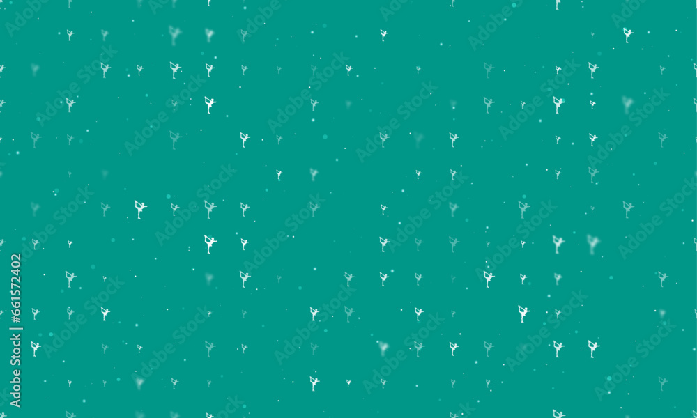 Poster Seamless background pattern of evenly spaced white figure skating symbols of different sizes and opacity. Vector illustration on teal background with stars