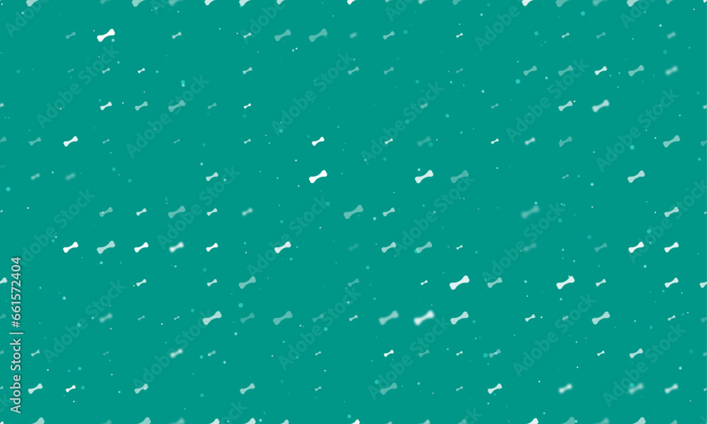 Poster seamless background pattern of evenly spaced white dog bone symbols of different sizes and opacity. 