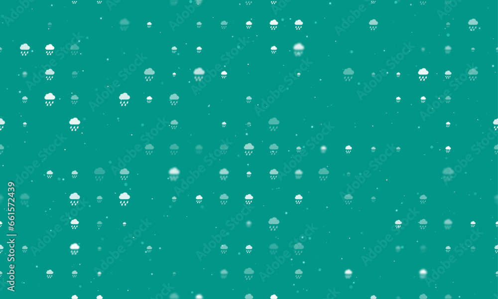Poster seamless background pattern of evenly spaced white rain symbols of different sizes and opacity. vect