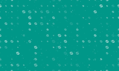 Seamless background pattern of evenly spaced white cancer zodiac symbols of different sizes and opacity. Vector illustration on teal background with stars