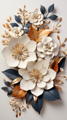A bunch of paper flowers on a white surface. AI image.
