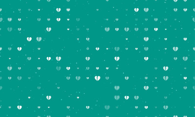 Seamless background pattern of evenly spaced white broken heart symbols of different sizes and opacity. Vector illustration on teal background with stars