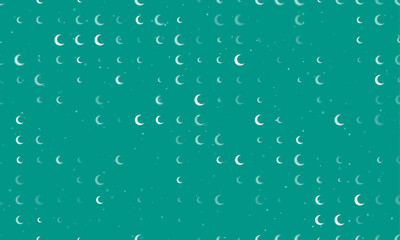 Seamless background pattern of evenly spaced white moon symbols of different sizes and opacity. Vector illustration on teal background with stars