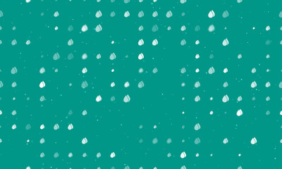 Seamless background pattern of evenly spaced white water drop symbols of different sizes and opacity. Vector illustration on teal background with stars