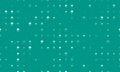 Seamless background pattern of evenly spaced white rain symbols of different sizes and opacity. Vector illustration on teal background with stars