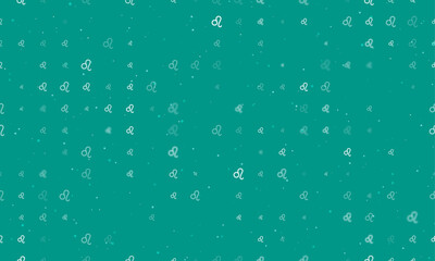 Seamless background pattern of evenly spaced white zodiac leo symbols of different sizes and opacity. Vector illustration on teal background with stars