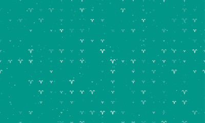 Seamless background pattern of evenly spaced white zodiac aries symbols of different sizes and opacity. Vector illustration on teal background with stars