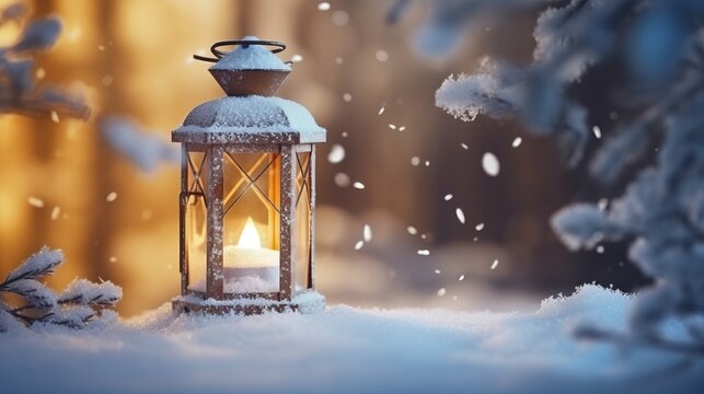 Photo of a lantern shining brightly in a snowy winter landscape