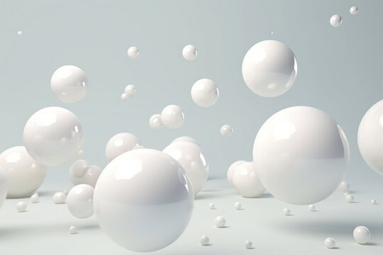 Shiny balls in different sizes on white background. Abstract glossy bubbles. Composition with chaotic floating spheres. Generative AI