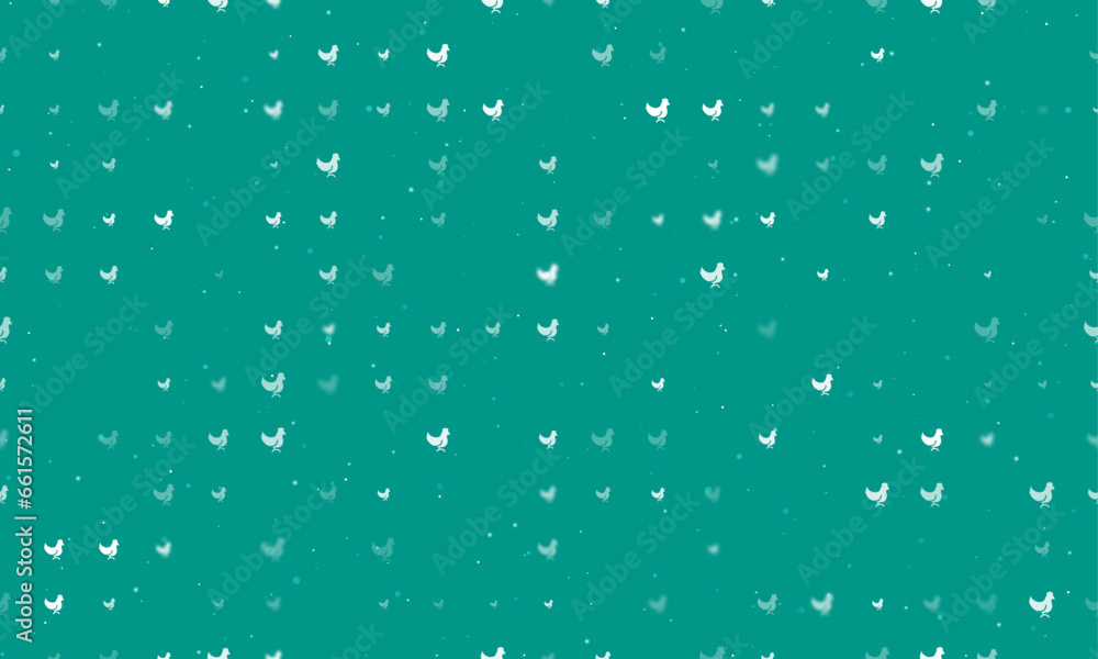 Poster seamless background pattern of evenly spaced white chicken symbols of different sizes and opacity. v